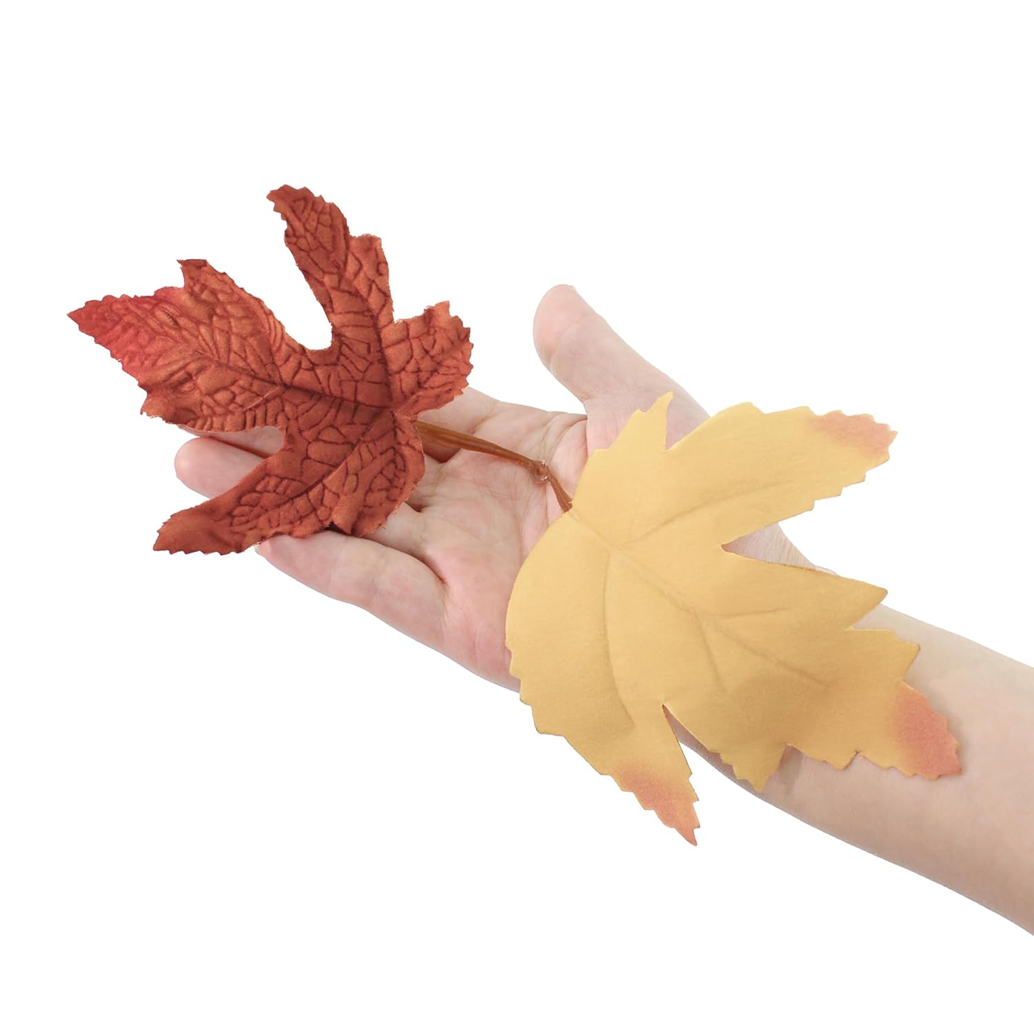 50 Pcs 2-Leaf 3D Fake Maple Leaves Bulk Artificial Flowers Fall Decor Faux Autumn Wall Halloween Party Thanksgiving Decoration Floral Arrangement Diy Craft (Burnt-Orange And Antique-Gold)