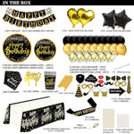 Black And Gold Birthday Party Decorations - (Total 169Pcs) Happy Birthday Supplies For Women And Men, Balloons,Tablecloth,Foil Backdrops,Plates,Cups,Photo Props,Sash,Tableware For 24 Guests