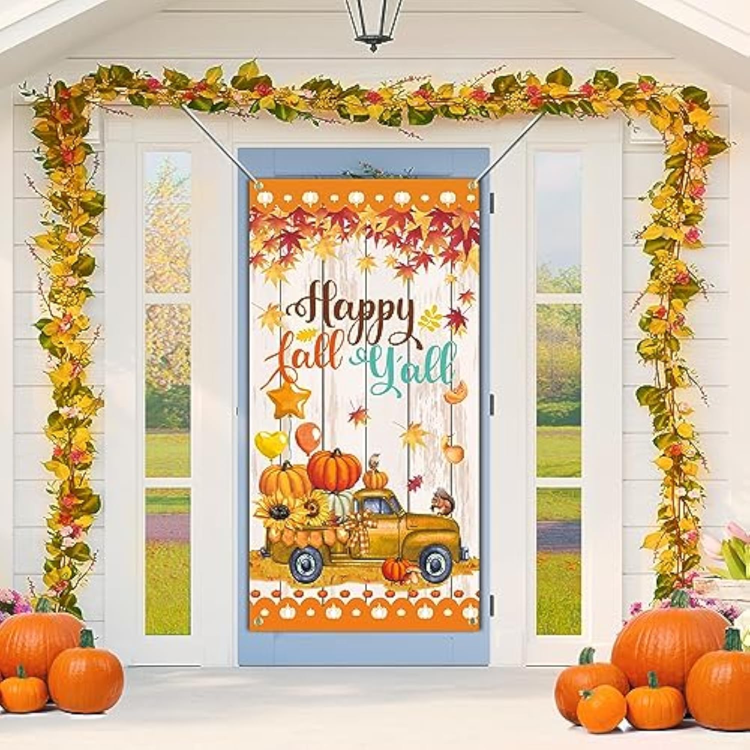 Happy Fall Y'All Door Banner, Large Autumn Thanksgiving Welcome Porch Sign, Harvest Pumpkin Sunflower Decor - 70.9 X 35.4 Inches