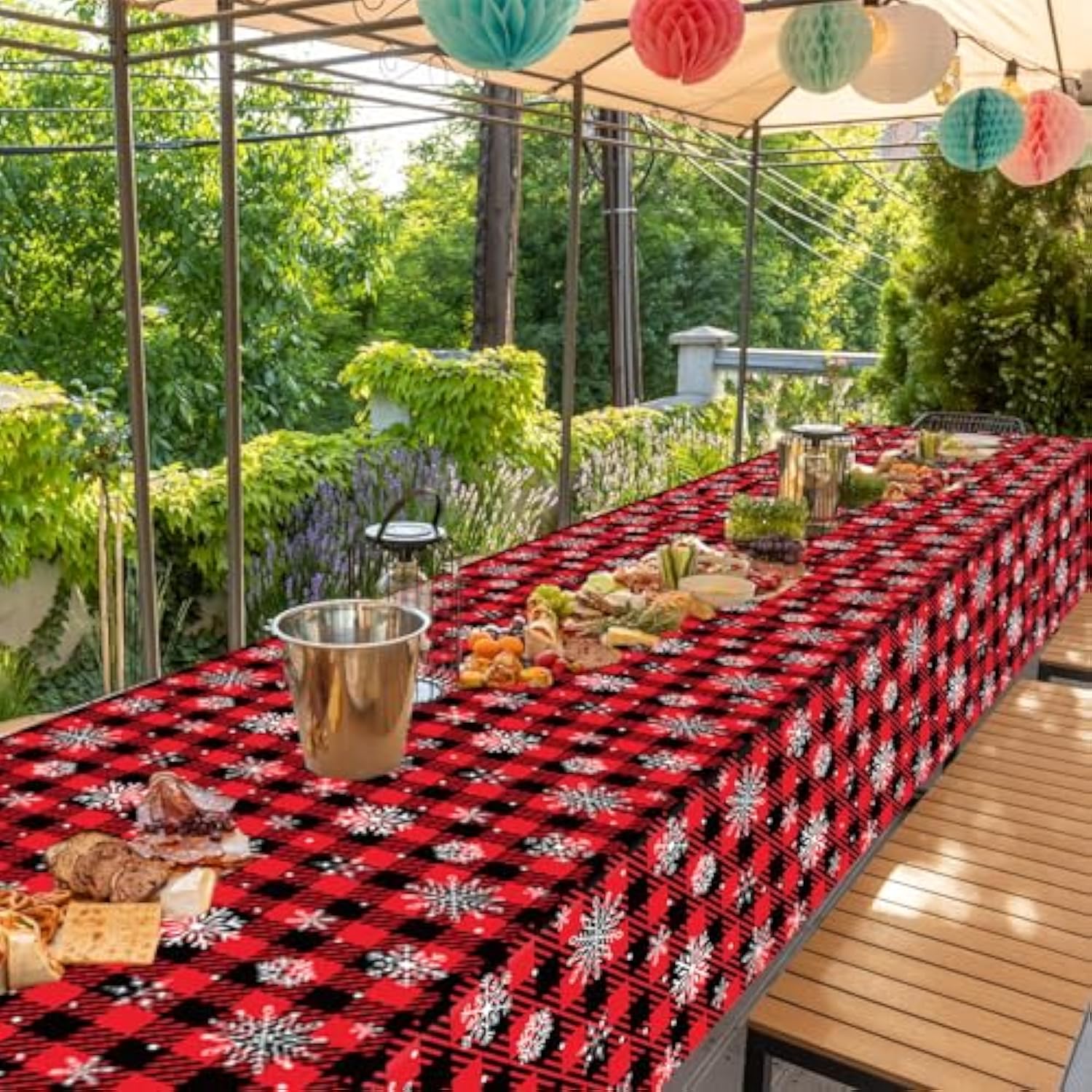 3Pcs Red And Black Buffalo Plaid Merry Christmas Party Tablecloth Decorations Supplies, Plastic White Snowflake Buffalo Plaid Sign Table Cover For Christmas Winter Holiday Indoor Outdoor Party