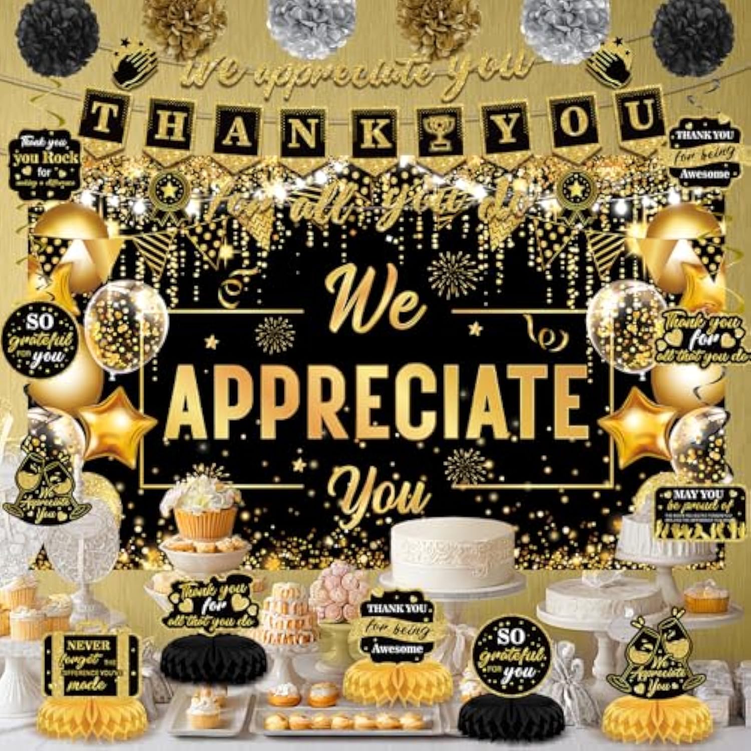 We Appreciate You Party Decorations Black Gold Thank You For All You Do Banner Honeycomb Centerpieces Hanging Swirls For Office Employee Staff Appreciation Gifts Pastor Teacher Party Boss Day Decor