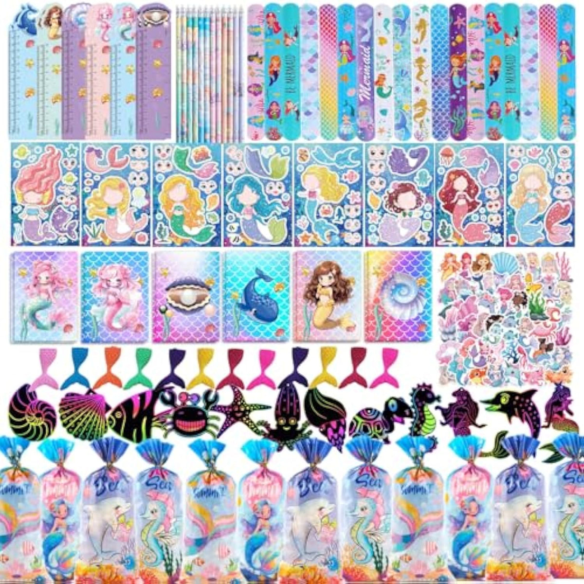 146Pcs Mermaid Party Favors 12 Pack Birthday Party Supplies, Little Mermaid Stationery Set Baby Shower Goodie Bag Stuffers Classroom Rewards For Kids Pinata Fillers