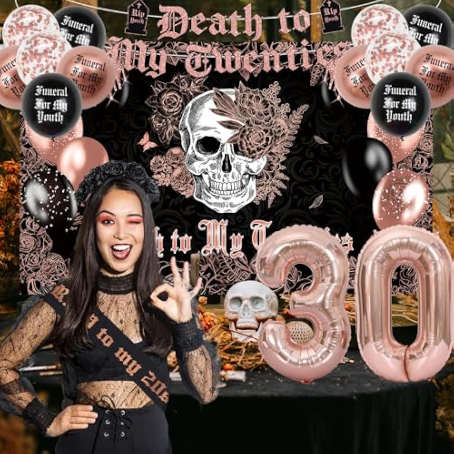 Rose Gold Black Death to My 20s Decor Backdrop Banner Swirls Sash Cake Topper Balloons