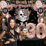 Rose Gold Black Death to My 20s Decor Backdrop Banner Swirls Sash Cake Topper Balloons