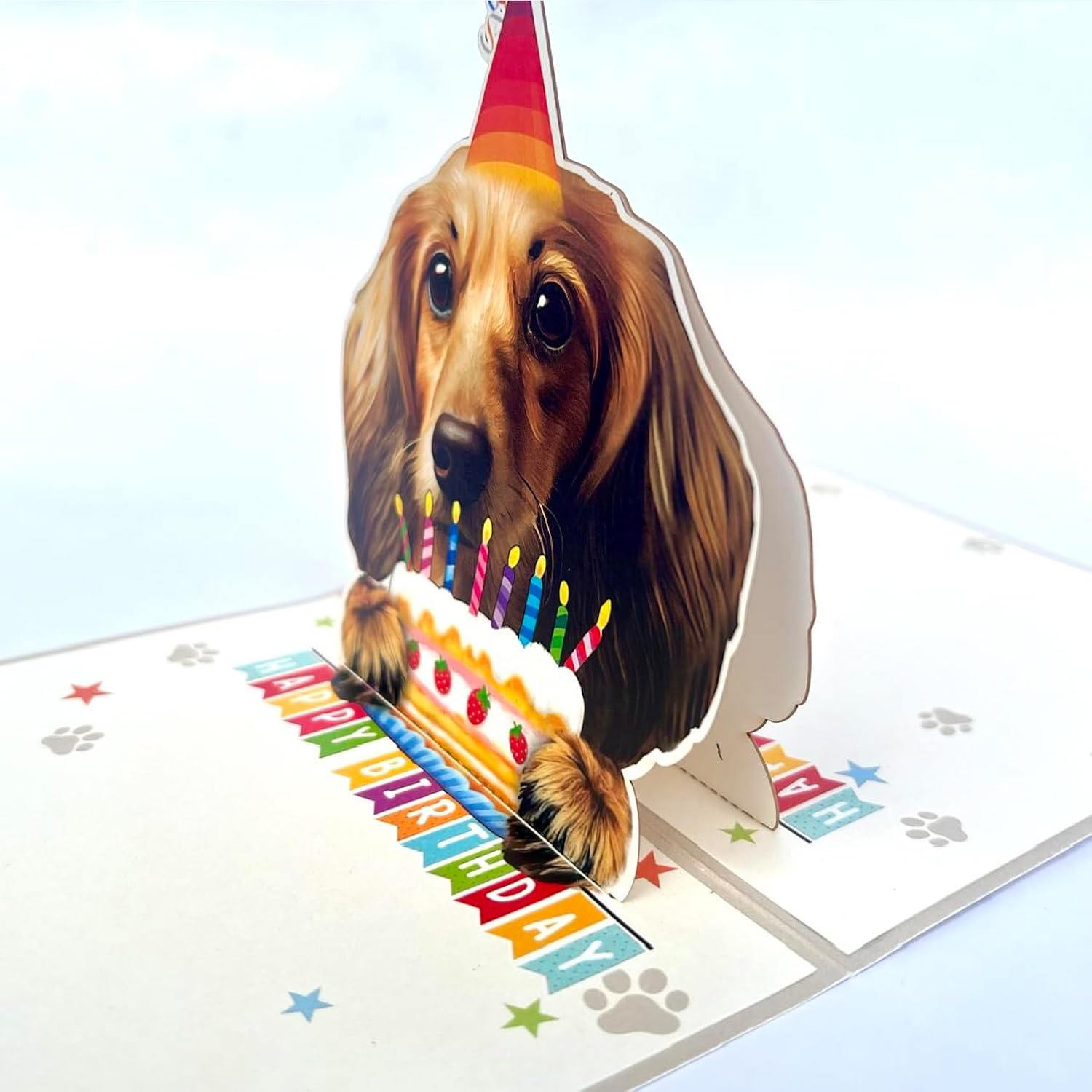 3D Pop-Up Long Haired Dachshund Dog Birthday Card - Dachshund Dog With Cake Celebration, Whimsical Happy Birthday Greeting For Dachshund Dog Lovers - Dachshund Dog 3D Birthday Pop Up Card