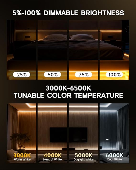 16.4FT LED Neon Rope Strip Lights Dimmable Waterproof Flexible Silicone Light for Kitchen Mirror Cabinet Decor