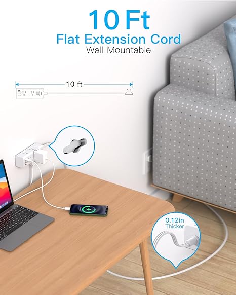 10FT Surge Protector Power Strip with 6 Outlets 4 USB Ports 2 USB C Flat Plug Extension Cord