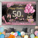 Polyester 6X3.6Ft Happy 50Th Birthday Banner Pink Gold Sign Poster For Women 50Th Birthday Party Decorations Banner Balloons High Heels Champagne Rose Diamonds 50Th Birthday Party Supplies