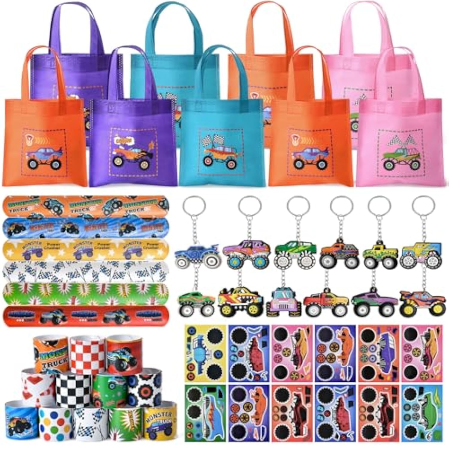Monster Truck Party Favors Car Game Birthday Supplies, Non-Woven Gift Bags Keychains Slap Bracelets Diy Stickers, Kid Boy Wheels Toy Goodie Bag Stuffer Monster Truck Birthday Decorations