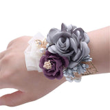 Rose Wedding Wrist Corsage And Boutonniere Set Party Prom Hand Ribbon Flower Suit Decor (Light Gray)