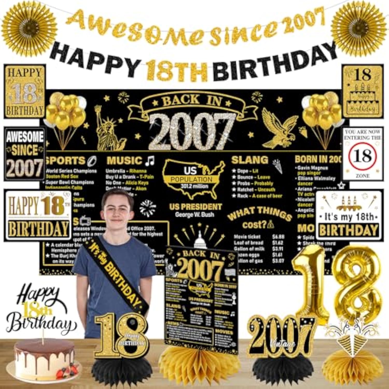2007 18Th Birthday Decorations For Boys Girls, Black Gold Happy 18 Year Old Birthday Banner Backdrop Wall Sign Balloons Sash Table Cake Topper Honeycomb Centerpieces Paper Fans Party Supplies