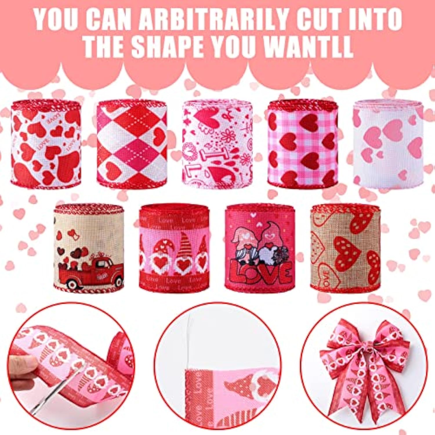 9 Rolls Valentine'S Day Wired Edge Ribbon Love Red Heart Pattern Ribbo