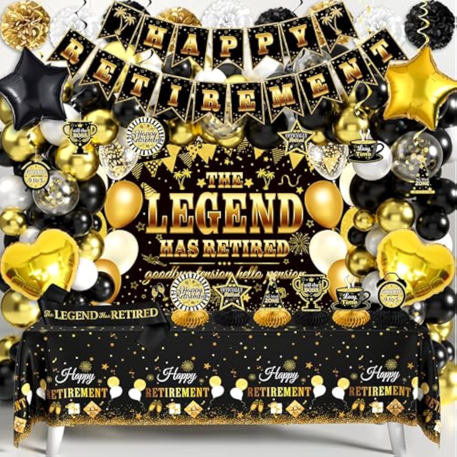 Retirement Party Decorations, 109Pcs Black Gold Happy Retirement Decorations For Men Women, The Legend Has Retired Backdrop Sash Banner Tablecloth Pompoms Centerpiece Hanging Swirls Balloons
