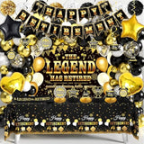 Retirement Party Decorations, 109Pcs Black Gold Happy Retirement Decorations For Men Women, The Legend Has Retired Backdrop Sash Banner Tablecloth Pompoms Centerpiece Hanging Swirls Balloons