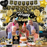 Happy Retirement Party Decorations For Men And Women - Black And Gold Banner, Backdrop Card, Sash, Hanging Swirls, Foil Balloons, Honeycomb Centerpieces