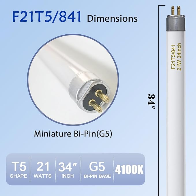6 Pack F21T5 34 Inch Fluorescent Tube Light Bulbs 21W 4100K Cool White G5 Base