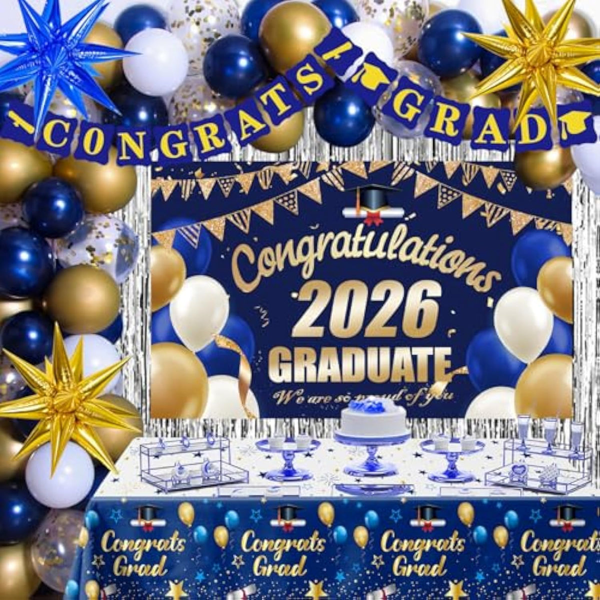 Graduation Decorations 2026, 71 Pcs Blue Gold Themed Set, Graduation Party Decoration With Confetti Foil Balloons, Congrats Grad Banner, Tablecloth Fringe Backdrop