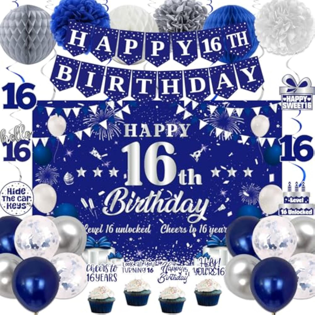 16Th Birthday Decorations For Boys Girls, Blue Silver Sweet 16Th Birthday Party Decorations, Happy 16Th Birthday Backdrop, Banner, Balloons, Pompoms, Hanging Swirls, Birthday Card, Cake Topper 54Pcs
