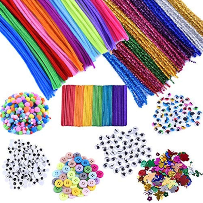 1090-Piece Kids Art & Craft Supplies Set - Chenille Pipe Cleaners, Pom Poms, G