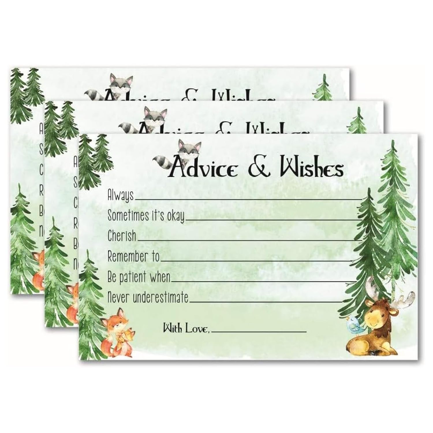 Woodland Creatures Baby Shower Games - 50 Advice Cards For Mommy - Forest Animals - Guest Book Alternative - Well Wishes - Predictions - Rustic Woodland Party Supplies (50 Advice & Wishes Cards)