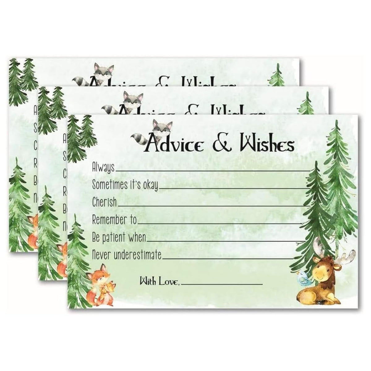 Woodland Creatures Baby Shower Games - 50 Advice Cards For Mommy - Forest Animals - Guest Book Alternative - Well Wishes - Predictions - Rustic Woodland Party Supplies (50 Advice & Wishes Cards)