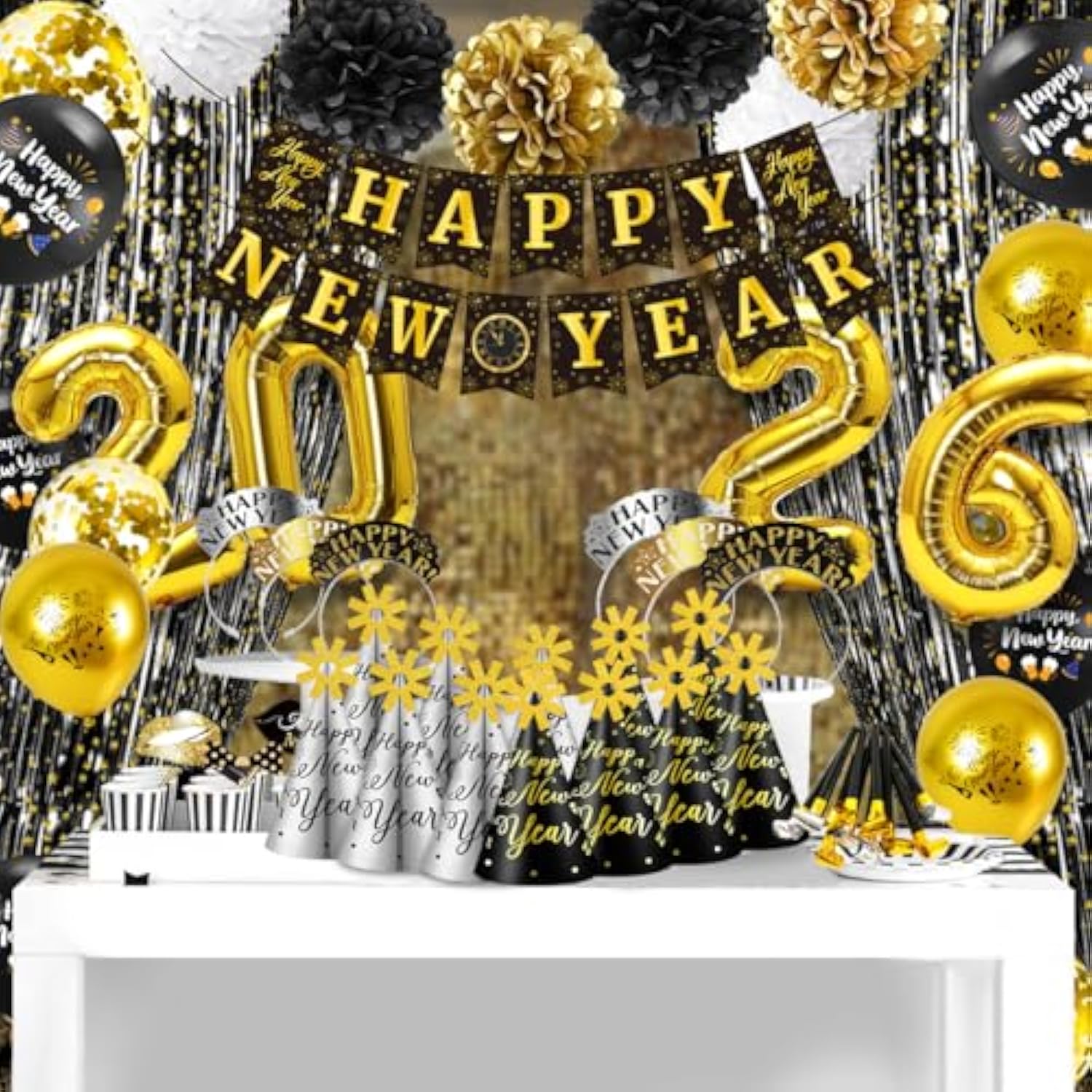2026 New Year’s Eve Party Kit Banner Pom Poms Hats Tiaras Balloons Fringe
