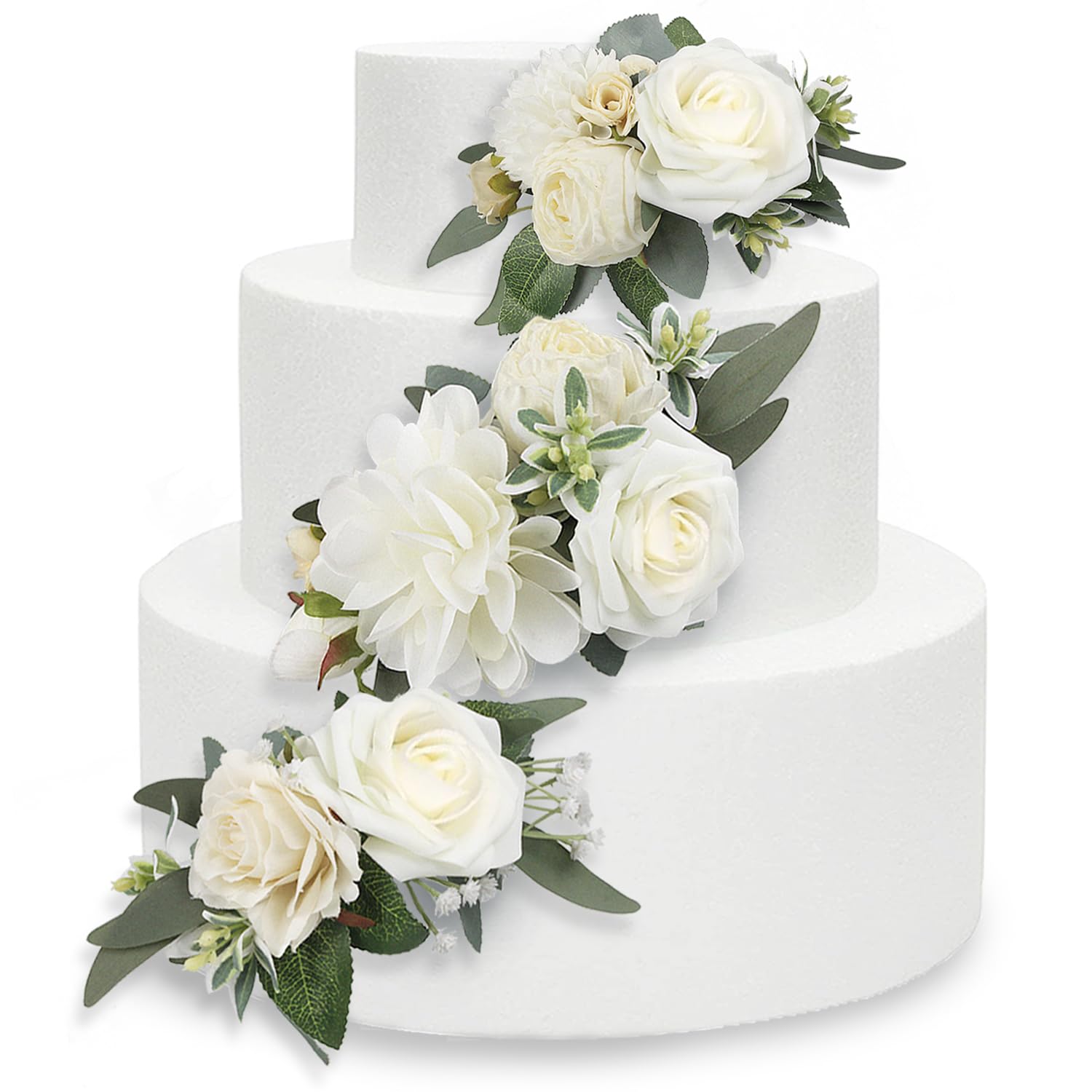 3Pcs Pre-Made Cake Flowers Toppers White Green Cake Decorations Wedding Cake Decorating Flowers Decor Birthday Baptism Party Cake Topper