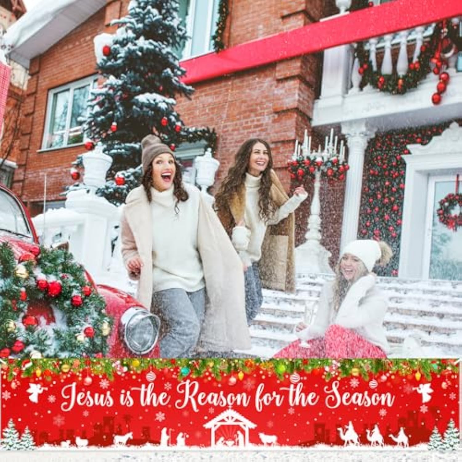 Large Christmas Banner Jesus Is The Reason For The Season Banner 8.2X1.6 Ft Christmas Fence Backdrop Outdoor Xmas Winter Holiday Decorations