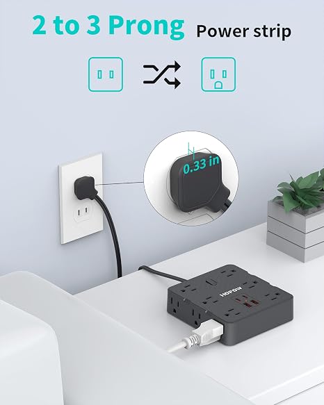 12 Outlet 2 Prong Power Strip 4 USB Ports 6FT Extension Cord 1700J Flat Plug Black