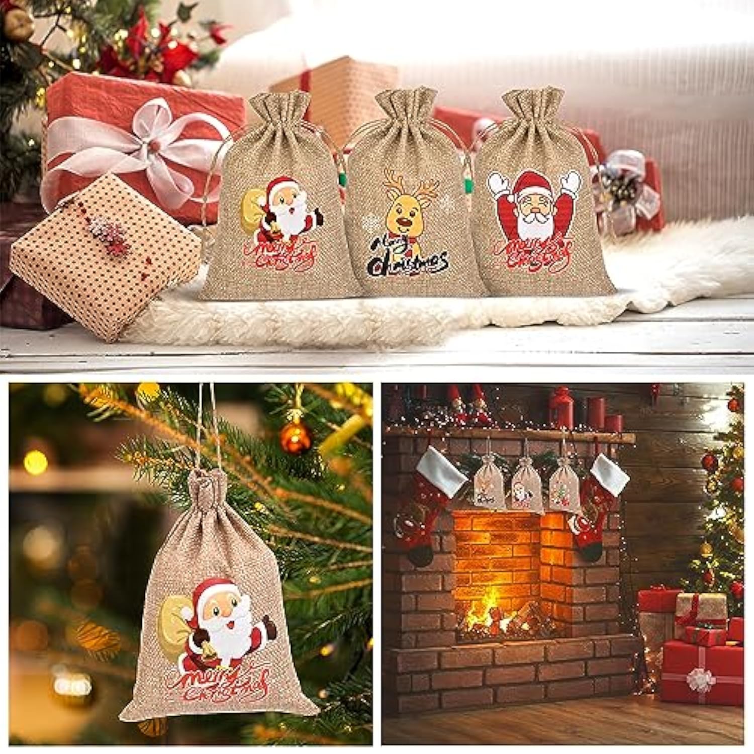 Christmas Small Burlap Bags With Drawstring, Burlap Gift Bags Christmas Linen Treat Sacks Gift Wrapping Bags Xmas Holiday Party Favors Bags(7X5 Inch, 24 Pcs)