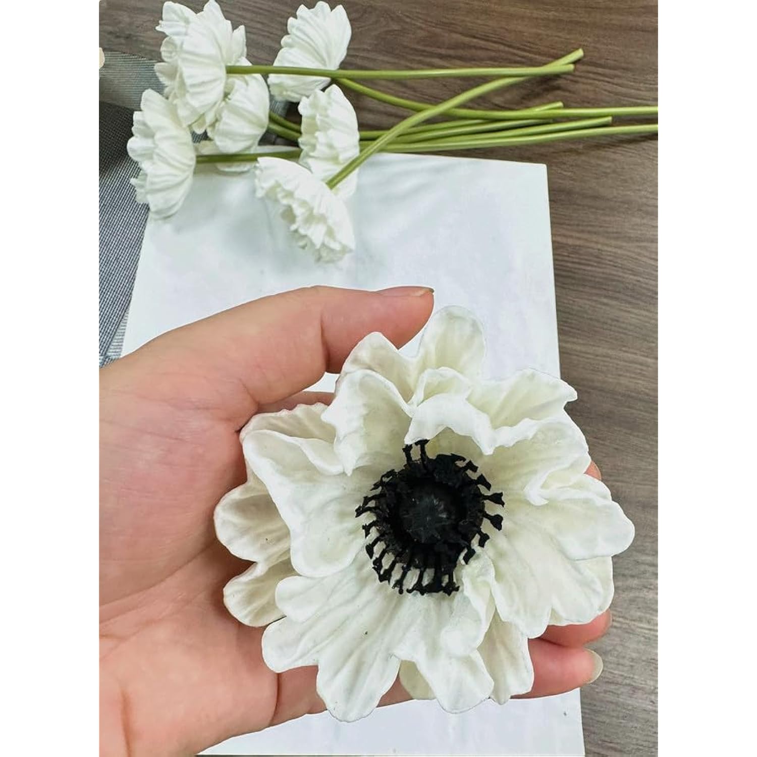 8 Stem 13" Artificial Flowers Poppy Flowers With Stems,Real Touch Anemone Pu Fake Wild Flowers Bulk For Kitchen Table Centerpiece Vase,Wedding Bouquets For Bride Bridesmaid Backdrop Arch Wall (White)