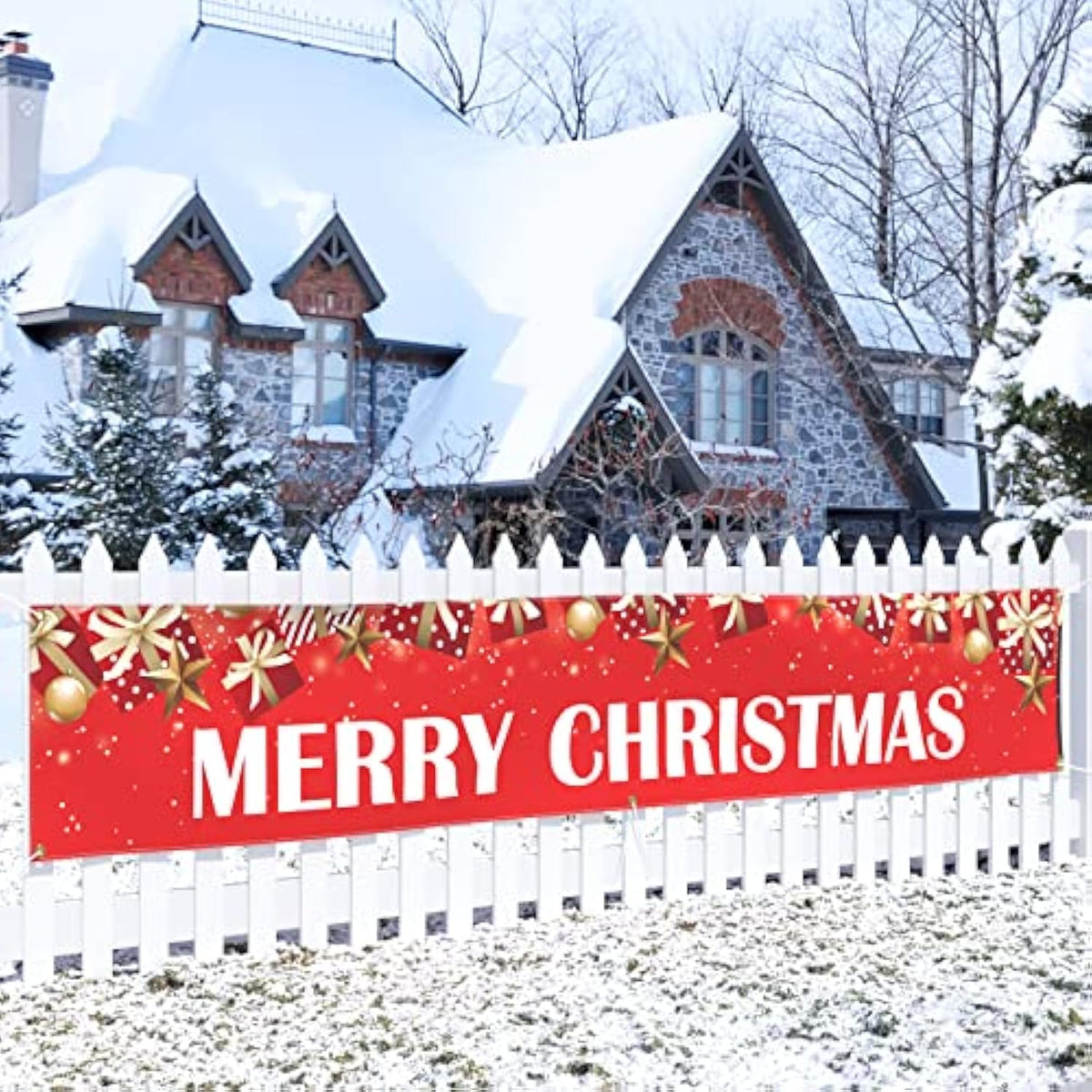 Large Merry Christmas Banner 120" X 20" Xmas Outdoor Decorations Double Printed Red Stars Presents Yard Sign Holiday Party Supplies Backdrop Home Decor For Garden House Fence Garage Indoor