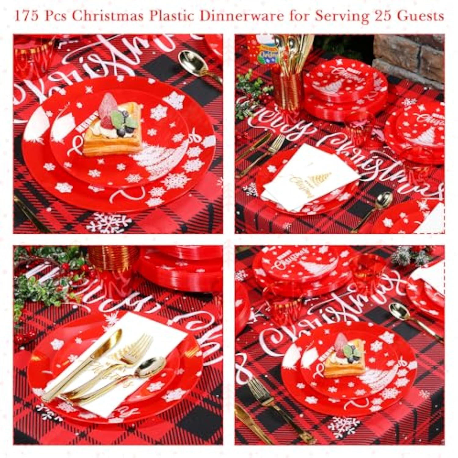 175 Pcs Christmas Plastic Dinnerware Merry Christmas Plate Set 25 Dinner Plate 25 Dessert Plate 25 Napkin 25 Fork 25 Knives 25 Spoon 25 Cup For Xmas Holiday Party Supplies Serve For 25