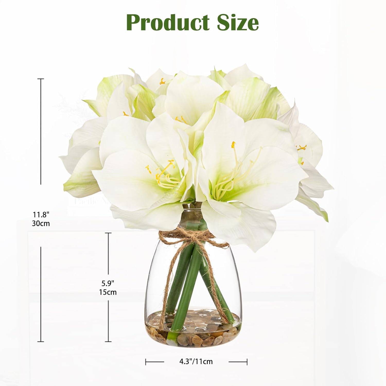 White Amaryllis Artificial Flower Arrangement 11.8" Faux Silk Amaryllis In Glass Vase With Faux Water Pebbles Fake Floral Centerpiece For Home Office Room Table Shelf Rustic Décor