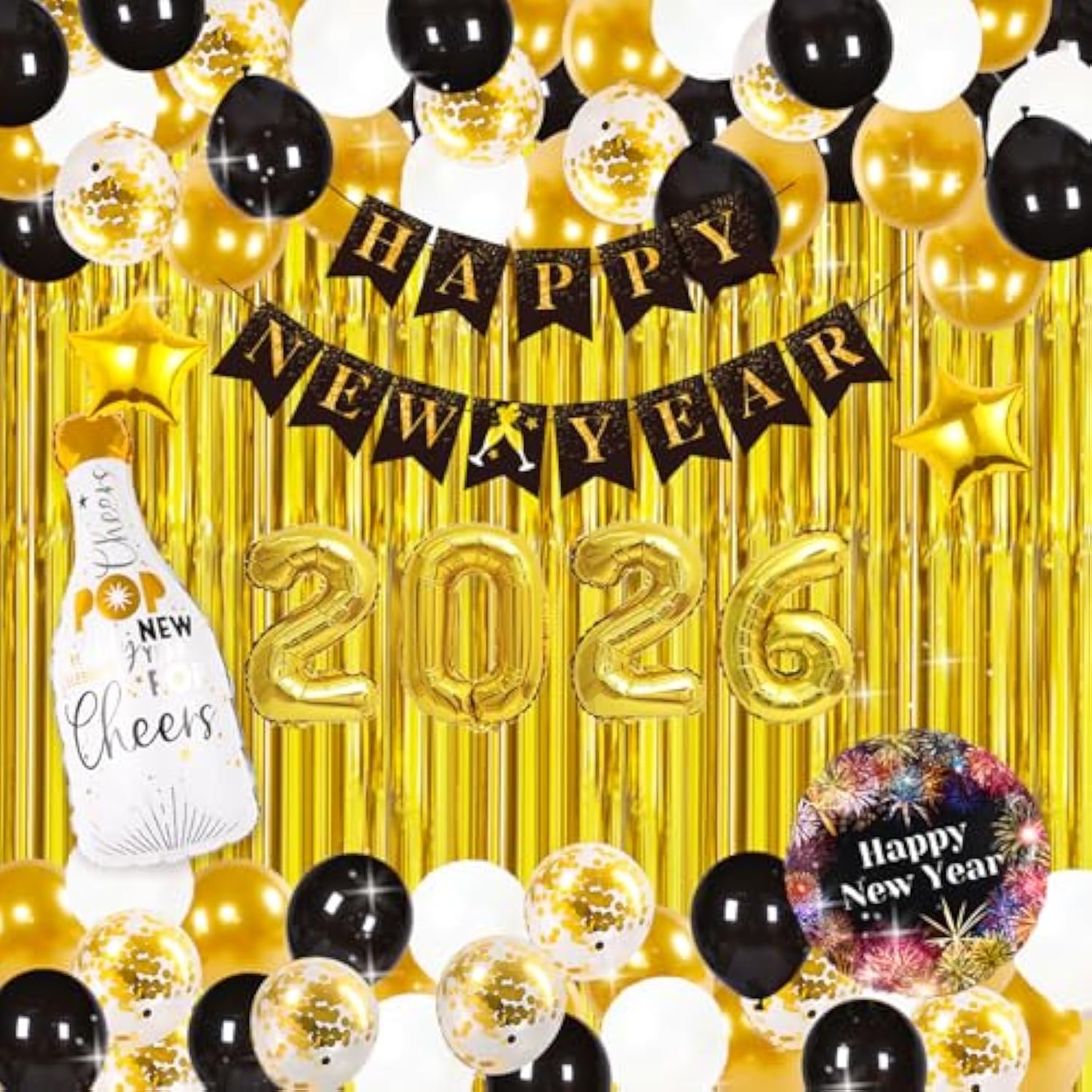 2026 New Year Eve Party Set Balloons Champagne Backdrop Banner Decor