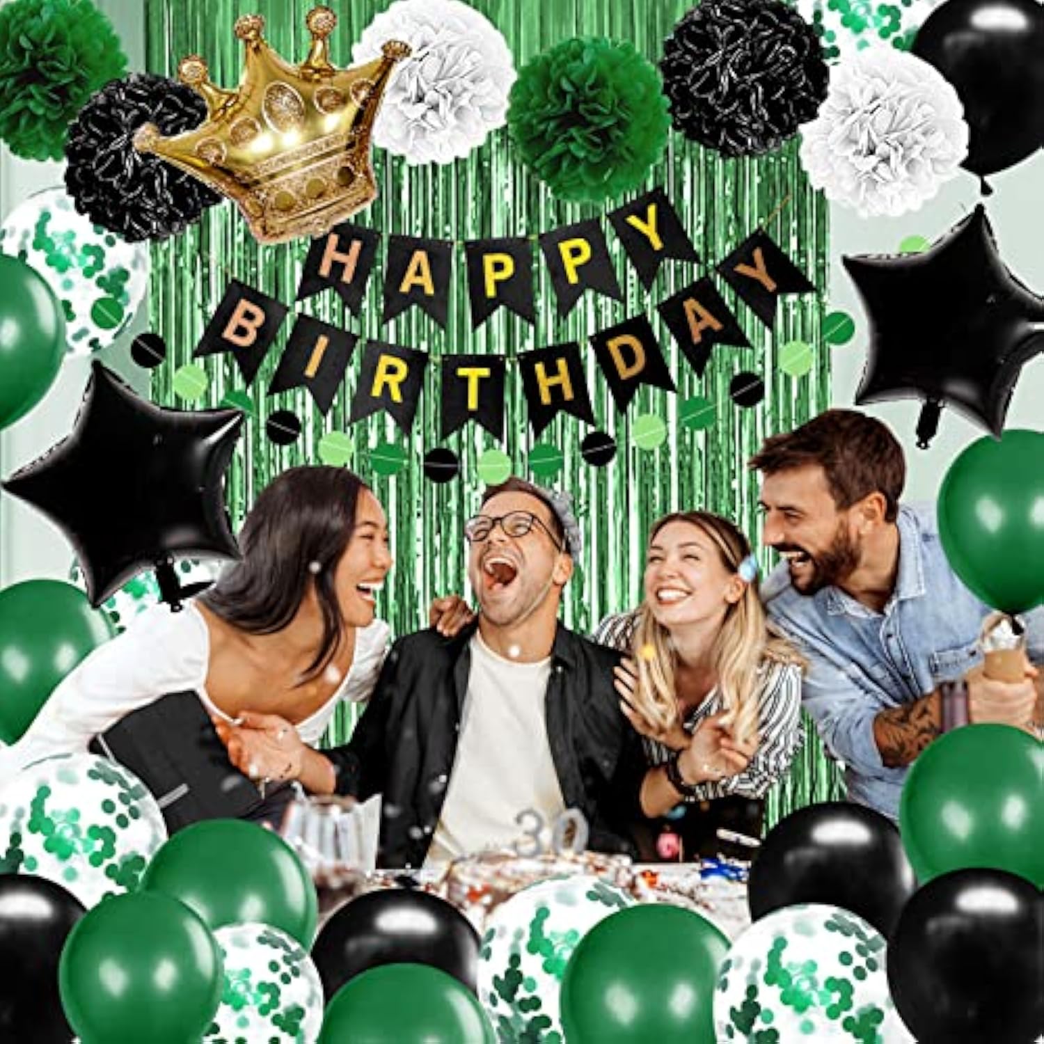 Green & Black Birthday Decoration Set: Banner, Balloons, Fringe Party Kit