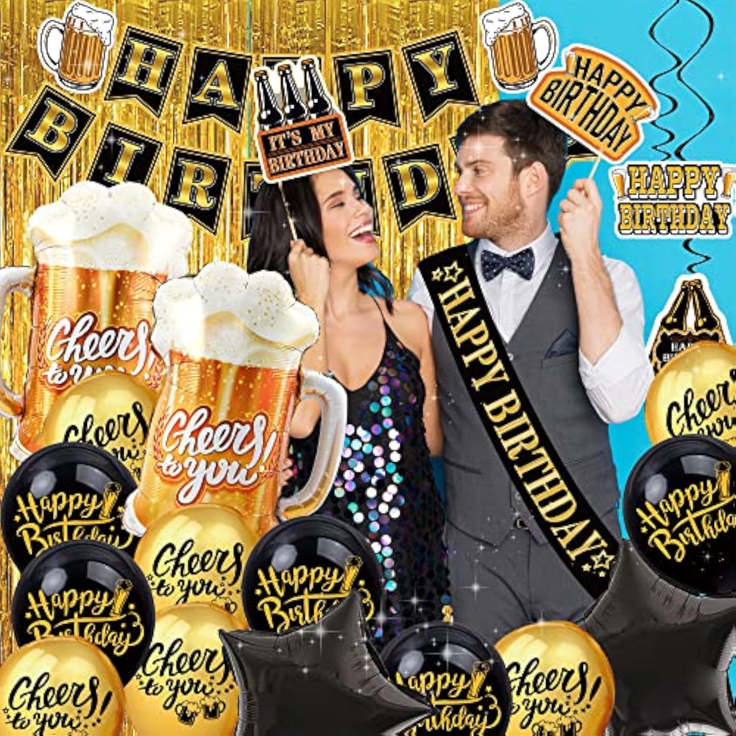 Black And Gold Party Decorations For Men And Women: Happy Birthday Banner, Fringe Curtains, "Cheers To You" Foil Balloons, Hanging Swirls, Photo Props, Birthday Sash