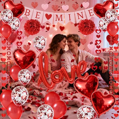 67Pcs Red Valentine's Day Decoration Set, BE MINE Banner, Foil Love Balloons, Love Heart XO Garlands, 500Pcs Rose Petals, Hanging Swirls, Pre-Assembled Set for Party Home Wedding Classroom Office