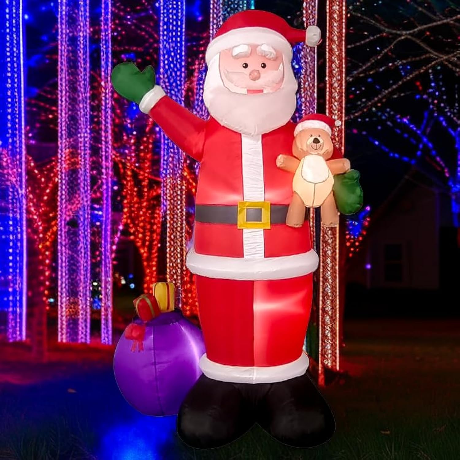 10 Foot Tall Giant Christmas Inflatable Santa Claus With Gift Bag And Bear, Build-In Led Lights, Outdoor Indoor Holiday
