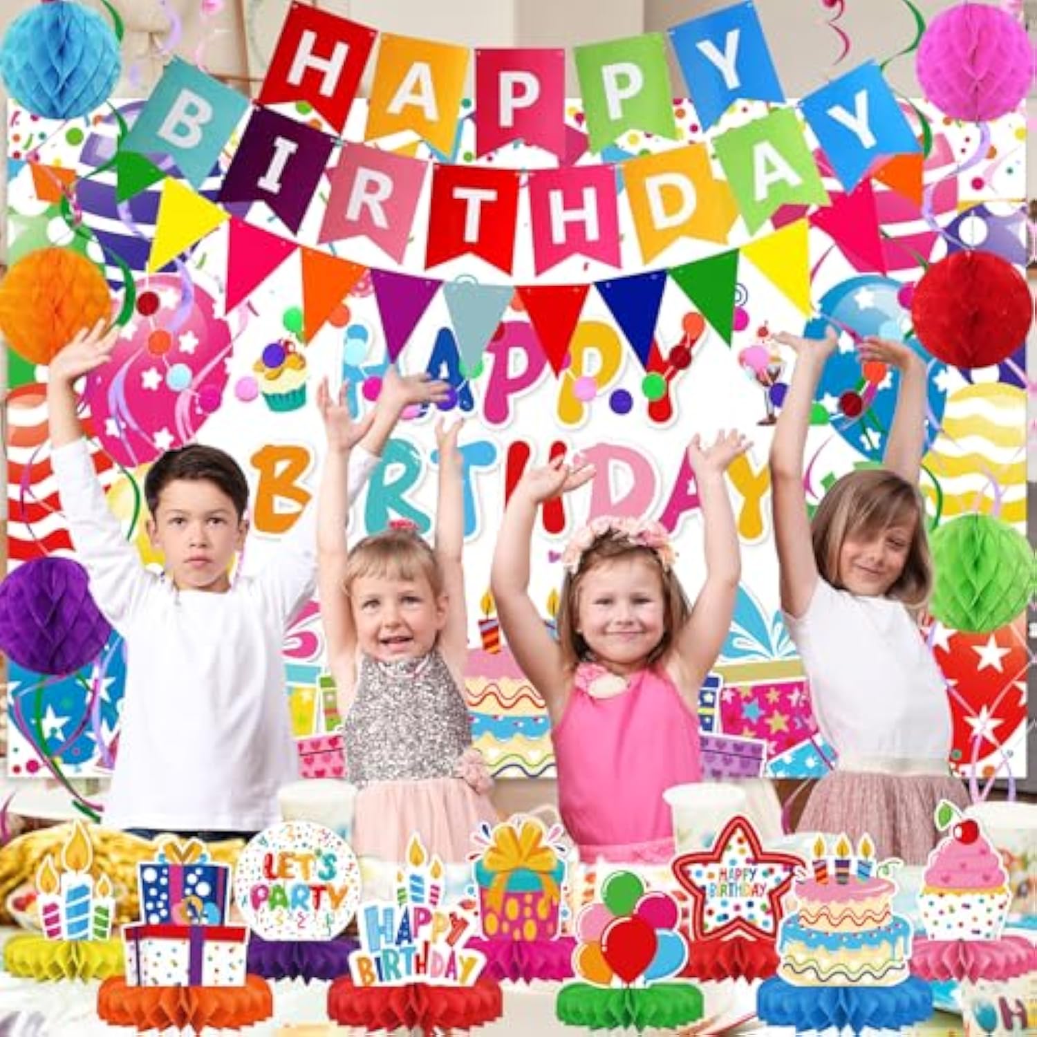 26pcs Birthday Décor Kit with Banner, Swirls, Garland, Backdrop & Centerpieces
