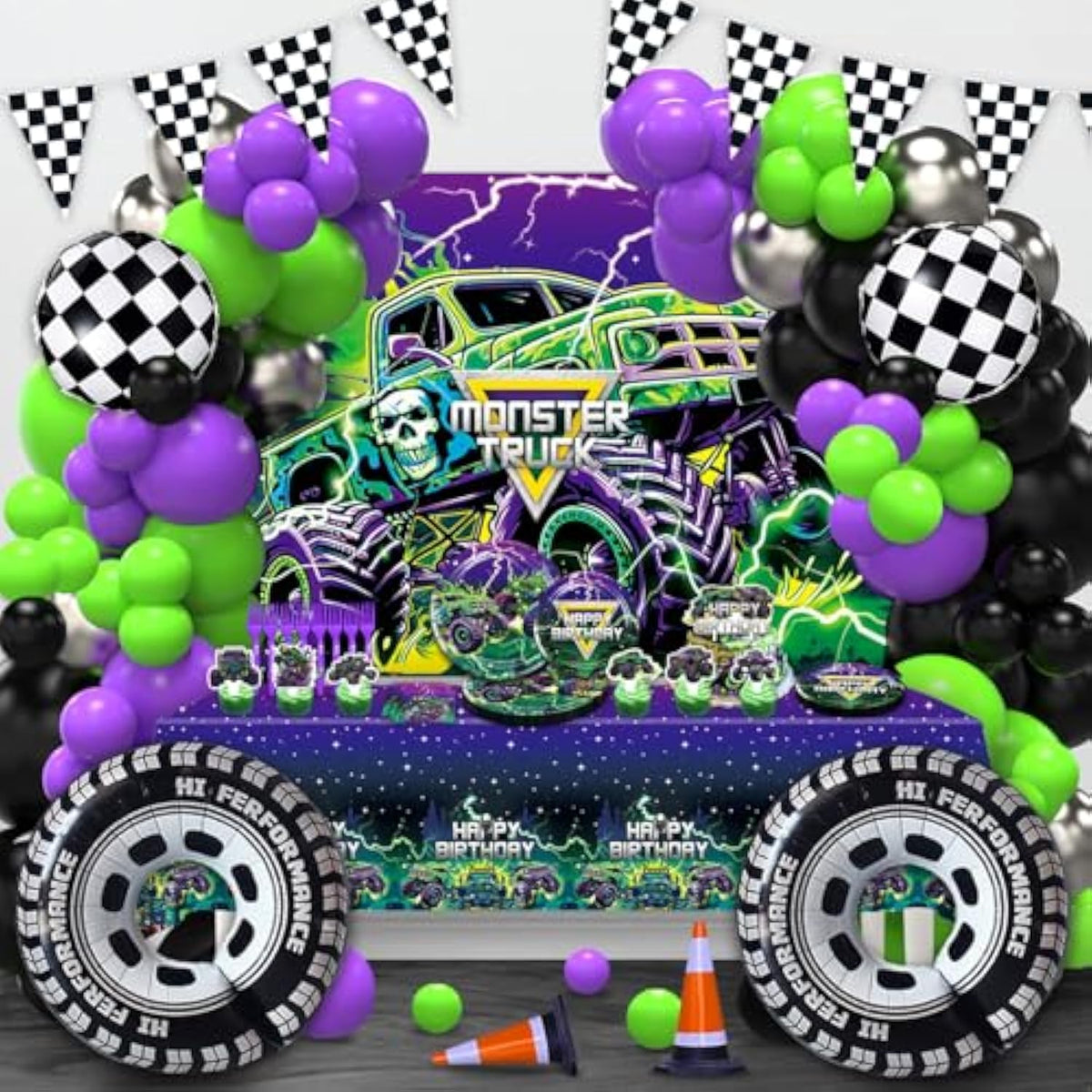 182Pcs Monster Truck Birthday Decorations?Monster Truck Balloon Arch?Monster Truck Party Decorations?Include Balloon Arch,Banner?Backdrop, Cake Toppers?Tableware, Tablecloth