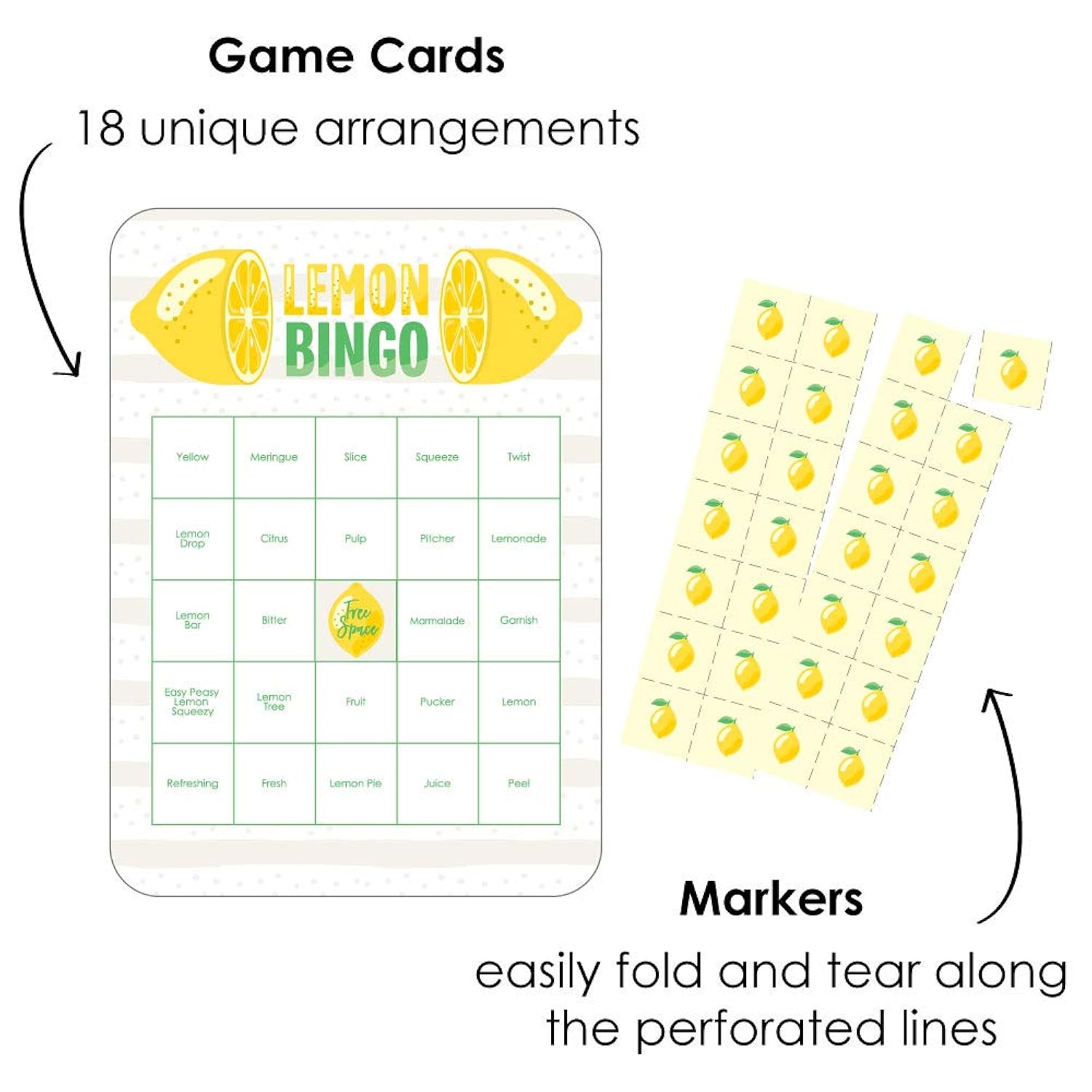 Big Dot of Happiness So Fresh - Lemon - Bingo Cards and Markers - Citrus Lemonade Party Bingo Game - Set of 18