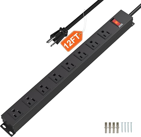 8 Outlet Metal Heavy Duty Power Strip 12FT 14AWG Cord Wall Mount Industrial Black