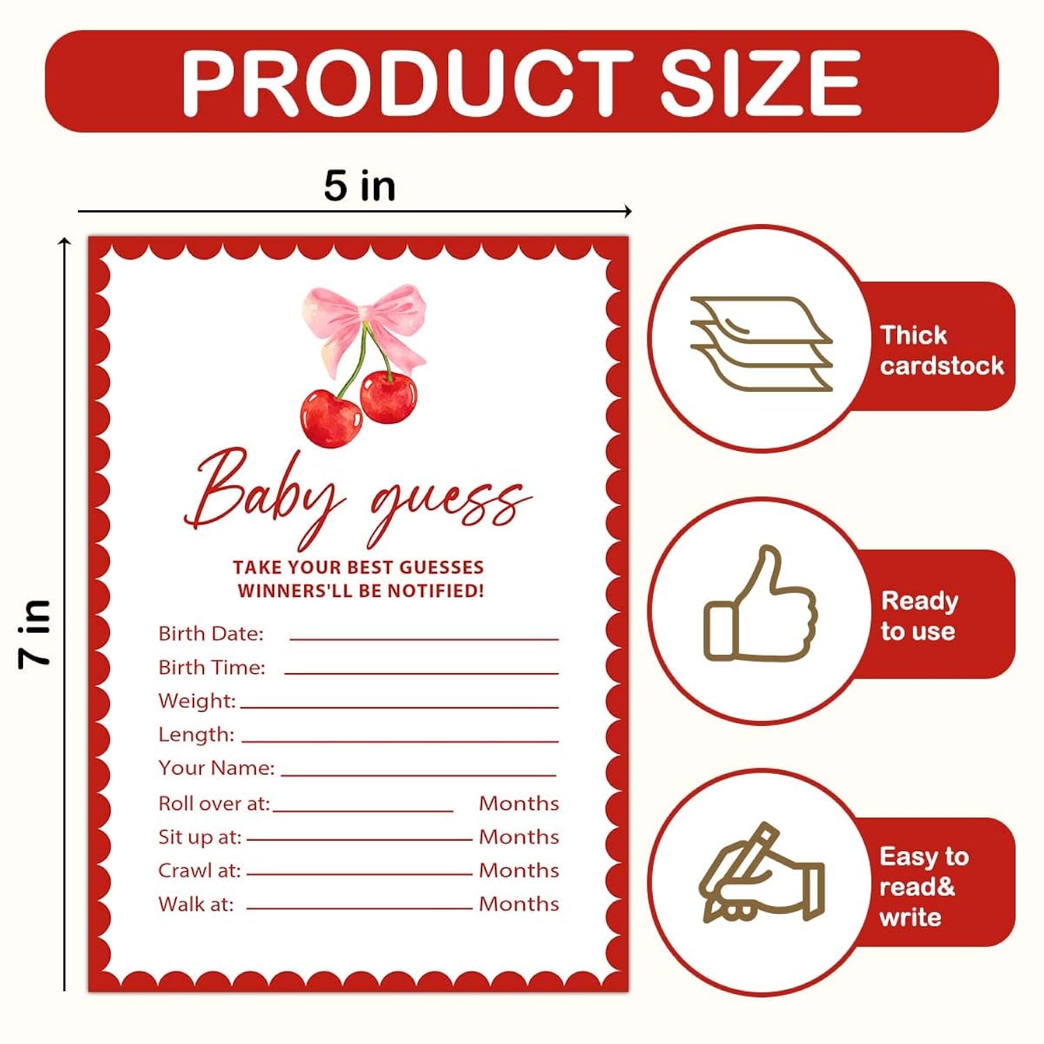 Cherry Baby Shower Game, 4 Funny Games For Boy Or Girl, Babies Guess Cards, Would She Rather, Advice For New Parents, Well Wishes For Babies, Cherry Baby Shower Decoration For 20 Guests