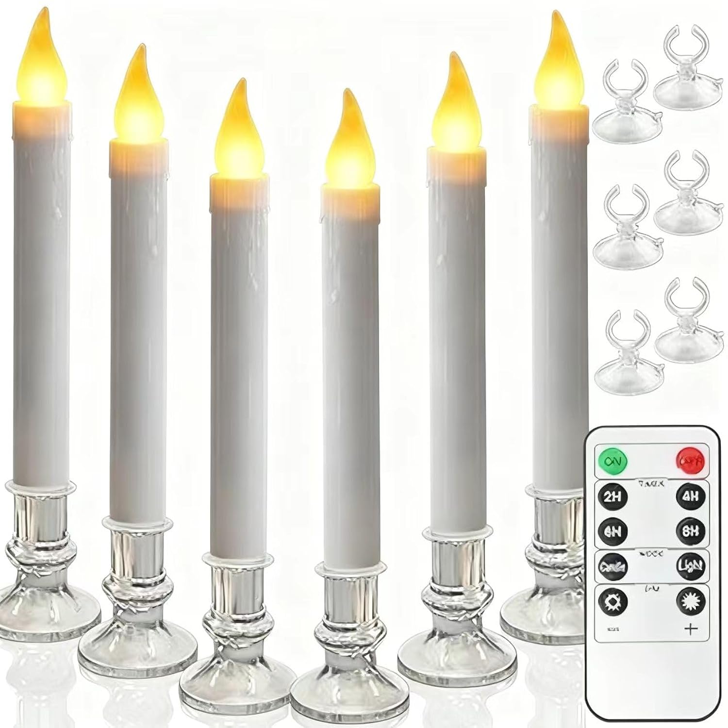 Christmas Window Candles - 9.3In Flameless Taper Candles With Suction Cups Flickering Timer For Halloween Christmas Wedding Home Decor Candlesticks Fireplace (6Pcs-Silvery)
