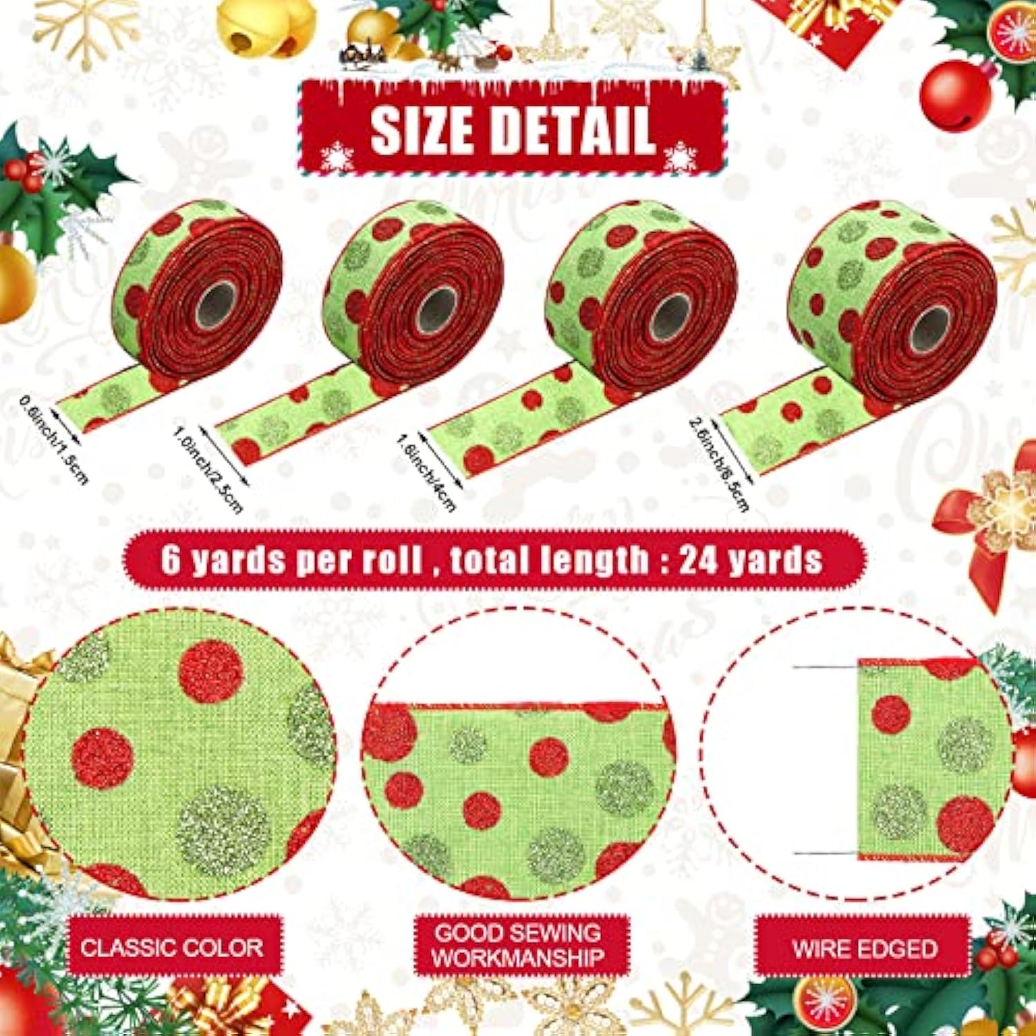 4 Rolls 24 Yard Christmas Green Red Dot Ribbons, 4 Sizes Glitter Wired