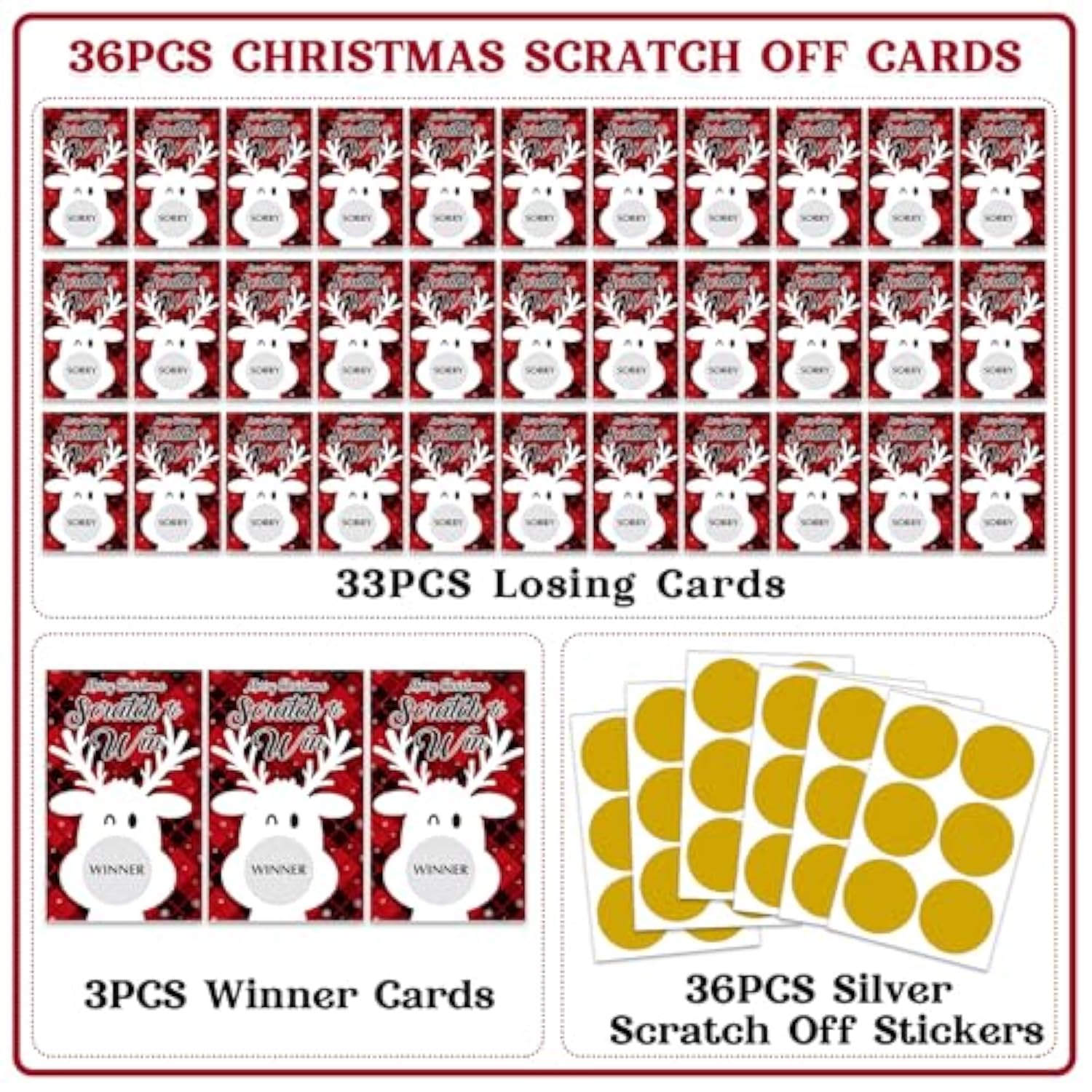 Merry Christmas Scratch Off Game Cards - 36Pcs Happy Holiday Scratch Off Cards Reindeer Raffle Card Christmas Activities For Groups Teens Adults Holiday Business Prize Party Favors