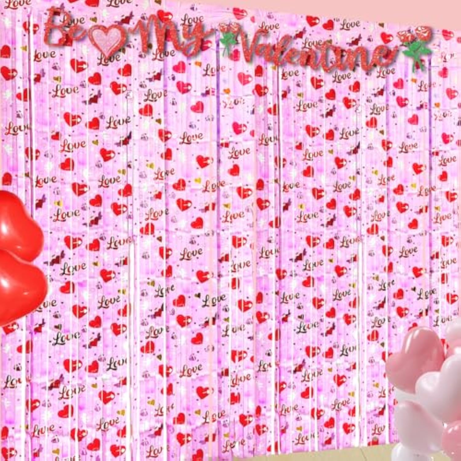 2 Pack 3.2Ft X 6.6Ft Valentine'S Day Love Metallic Foil Fringe Curtain