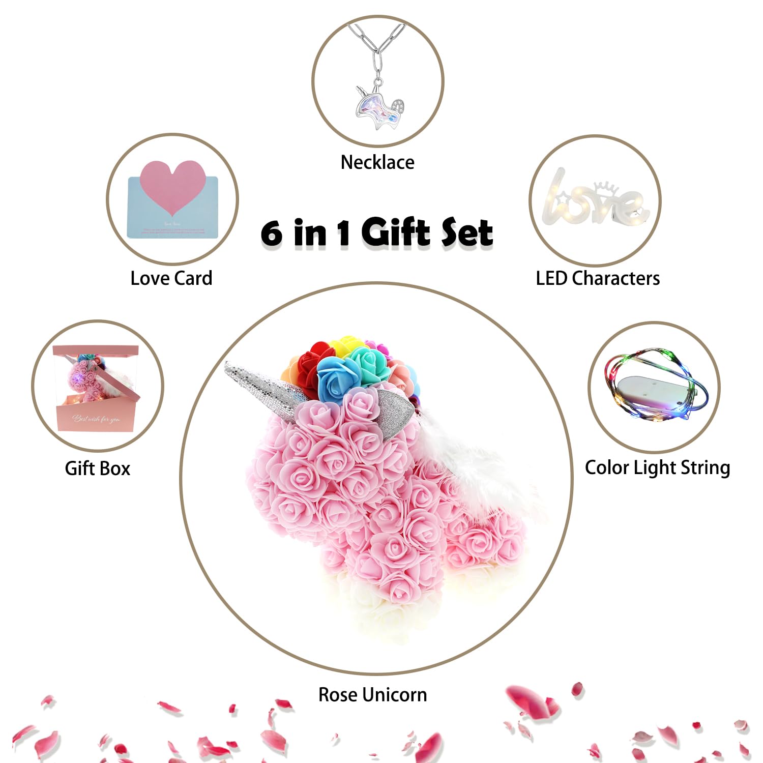 Rose Unicorn Party Favor Artificial Flowers Forever Gift Box Set For Her Girlfriend Children Kid Daughter Women Anniversary Christmas Valentines Birthday Mothers Day (Light Pink)