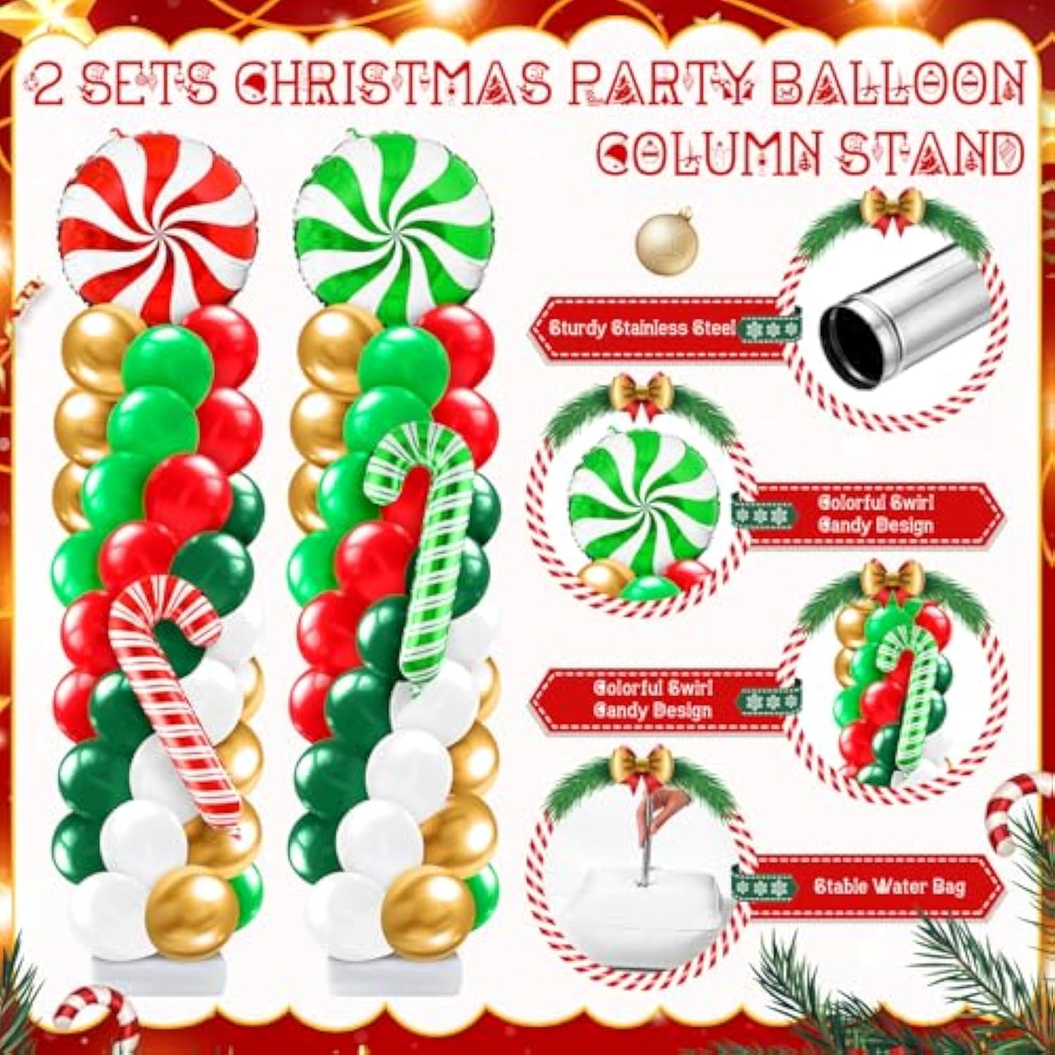 2 Sets Christmas Candy Balloon Column Red White Green Foil Arch Kit